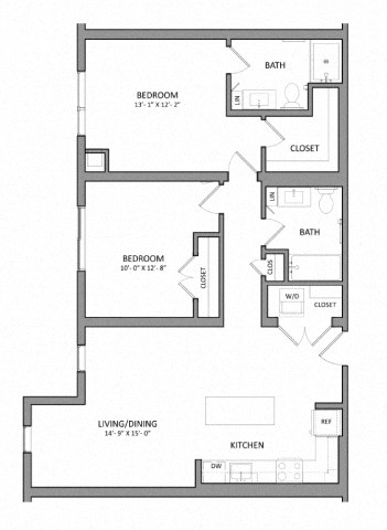 Floor plan for 2 beds, 2 baths, 1025 sqft